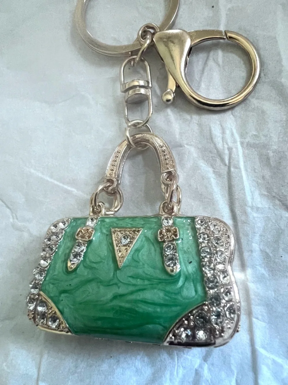 Keychain Bag Charm New Green Swirl Crystals Gold Tone